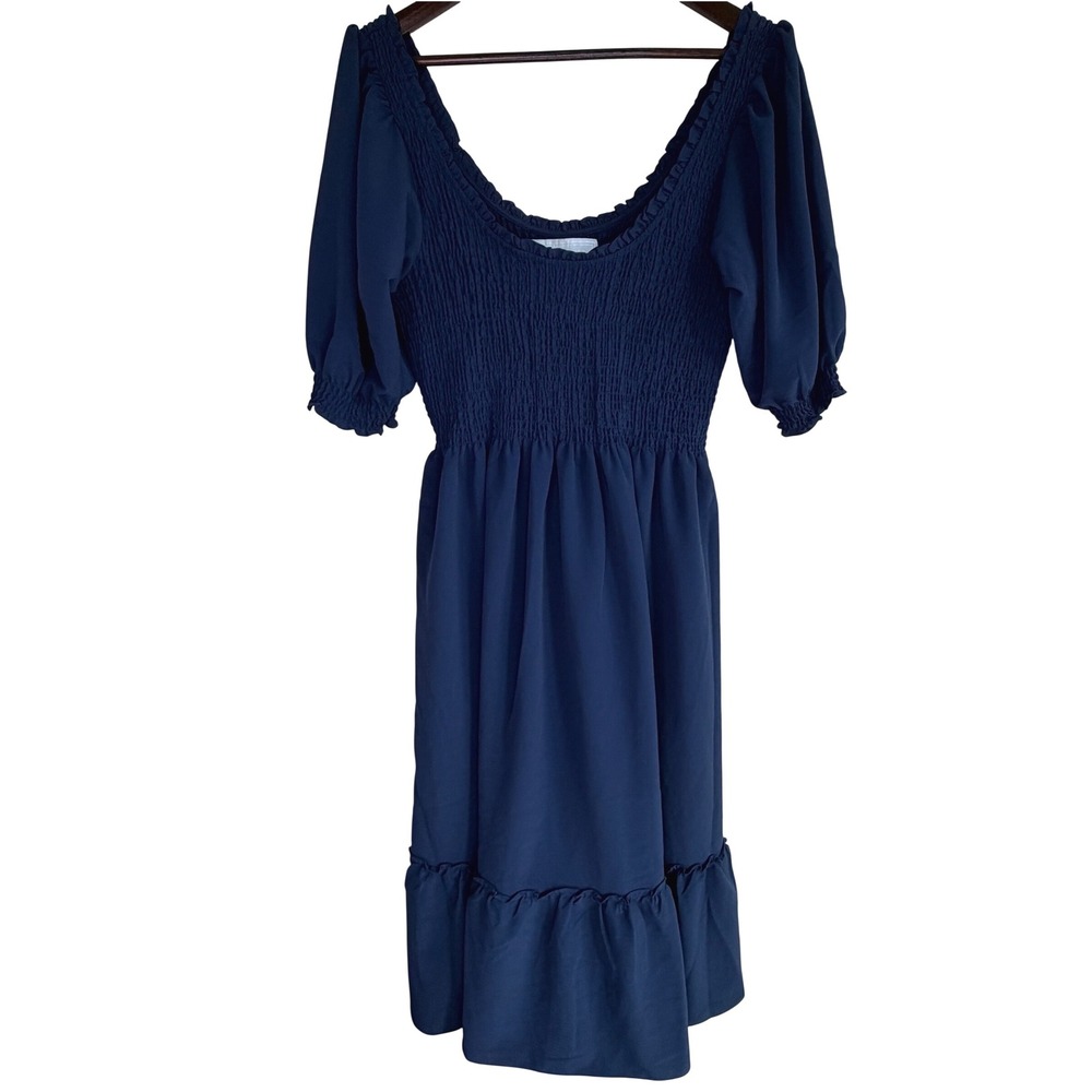 Hill House Navy Blue Midi Dress with Smocked Bodice and Puff Sleeves